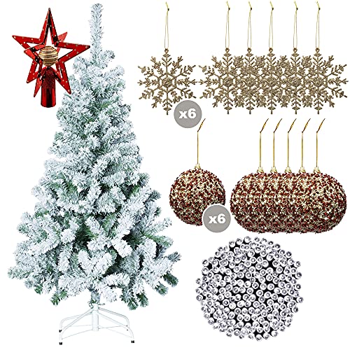 Weihnachtsbaum Schnee 210cm + 6er Pack Weihnachtskugeln + 6 goldene Weihnachtskugeln + 5m Kabel, 24m Beleuchtung, 240 LEDs, 8 Funktionen, Stern mit 3D Kugel von WELLHOME