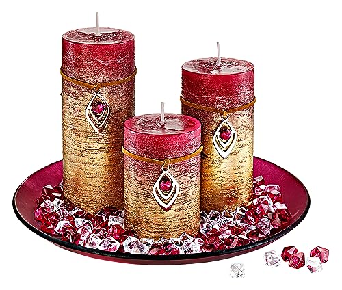 Kerzen - Komplettset 'Ruby' - 3 Stumpenkerzen mit Farbverlauf und Glasteller - inkl. 100 Kunst - Kristallen von Weltbild