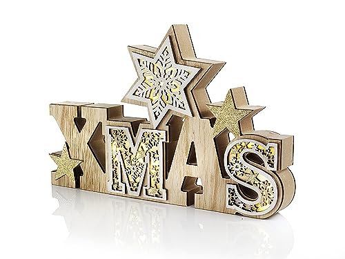 Weltbild LED-Schriftzug Xmas "Snowflake" - Holzdeko Weihnachten - Mit 7 warmweißen LEDs - Beidseitig verziert - Goldglitter - Batteriebetrieb, inkl. Knopfzellen - Maße (L x B x H): ca. 28 x 3,5 x 17 von Weltbild