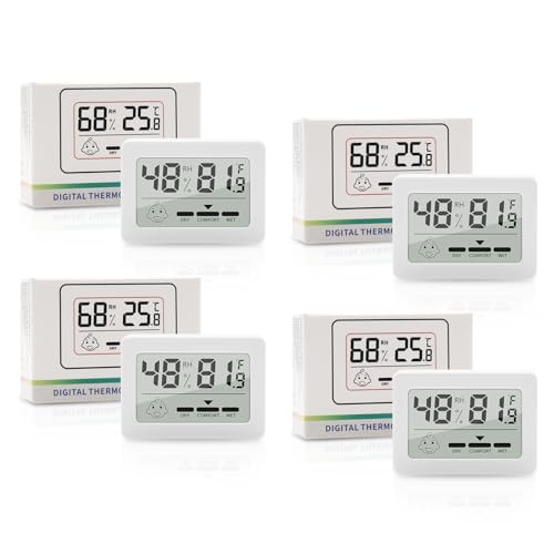 Mini Thermometer Hygrometer Innen, 4 Stück Zimmerthermometer Luftfeuchtigkeitsmesser LCD Digital Innen Raumtemperatur Messgerät, Weiß von Wepai