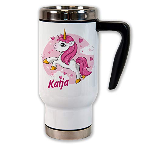 Thermobecher mit Motiv Einhorn und Name individuell bedruckt, Coffee to go Becher, Edelstahl Thermo-Tasse, weiß, für Frauen, Kinder, Heiße Schokolade, Tee, Schulanfang von Unikatolo