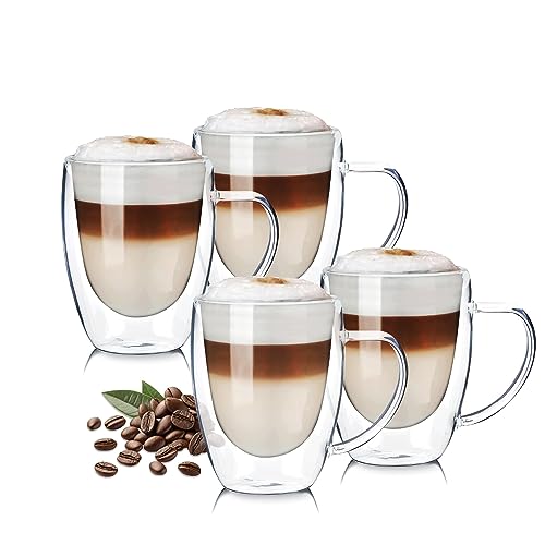 Wessper Doppelwandig Gläser, Kaffeegläser mit Henkel, Hitzebeständiges Borosilikatglas | Kaffeegläser temperaturbeständig Mokkatassen, Teegläser, Latte Machiatto, Tee – 4 Stück x 350 ml von Wessper