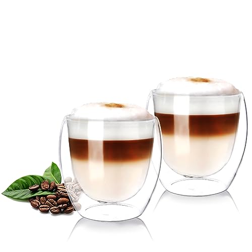 Wessper Doppelwandig Kaffeegläser 2 Stück x 250 ml Cappuccino Gläser Latte Machiatto | Großes Hitzebeständiges Doppelwandglas Thermogläser | Kaffeegläser temperaturbeständig Mokkatassen Teegläser von Wessper