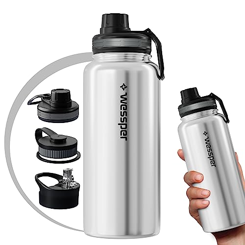 Wessper Edelstahl BPA Freie Trinkflasche, Thermoflasche für Wasser 1 liter, Kaffee und Tee mit 3 Deckel, Isolierflasche für Sport, gym, Fahrrad, Outdoor- Silber von Wessper