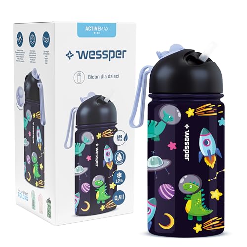 Wessper Trinkflasche Kinder, Edelstahl Flasche 410 ml BPA FREE, Mundstück mit Schlauch, Wasserflasche Leicht und Einfach zu Bedienen, für Schule, Fahrrad, Ausflug - Weltraum Motiv von Wessper