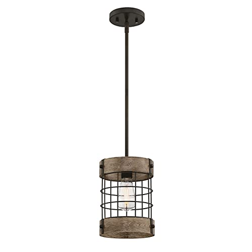 Westinghouse Lighting 6118040 Einflammige Innenraum-Pendelleuchte Langston im Vintage-Stil, Ausführung in geölter Bronze mit Vintage-Kiefer-Akzenten, käfigförmiger Lampenschirm von Westinghouse Lighting