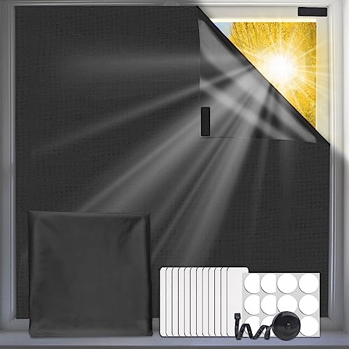 Fenster Verdunkelung, 100% Fenster Abdunkeln, Dachfenster Verdunkelung ohne Bohren, Sonnenschutz Verdunkelungsrollo, Verdunklungsstoff mit Klettband für Familie Reisen Rollo Schwarz (200 * 150) von Weysoo