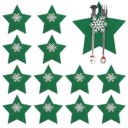 Weysoo Bestecktasche Weihnachten, 12 Stück Pentagramm Besteckhalter Weihnachten, Weihnachten Tischdeko Filz, Weihnachtsdeko für Party Abendessen Gabel Dekor (Grün) von Weysoo