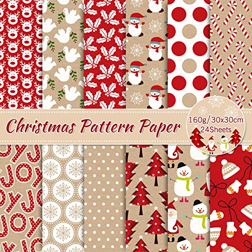 Whaline 24 Stück Weihnachtsmusterpapier, 30 x 30 cm, Kraftpapier, Rot, Scrapbook-Papier, doppelseitig, niedlich, Weihnachtsmann, Rentier, Schneemann, Bastelpapier, flach gefaltet, für selbstgemachte von Whaline