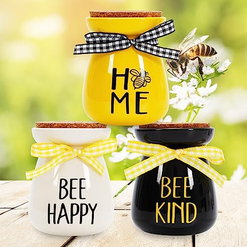 Whaline 3 Stück Summer Bee Mini Mason Jars White Yellow Black Mini Jars with Plaid Ribbon Bee Tiered Tray Decor Bee Decorative Jars for Summer Bee Day Table Centerpiece Shelf Sitter Party Decor Gifts von Whaline