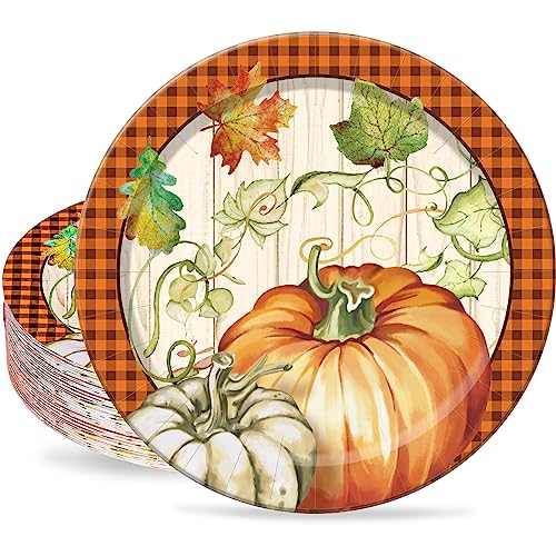 Whaline 40 Stück Herbst-Pappteller 22,9 cm Kürbis Schwarz Orange Plaid Einwegteller Herbsternte Thema Rustikales Bauernhaus Geschirr für Thanksgiving Ernte Party Urlaub Abendessen Geschirr Zubehör von Whaline