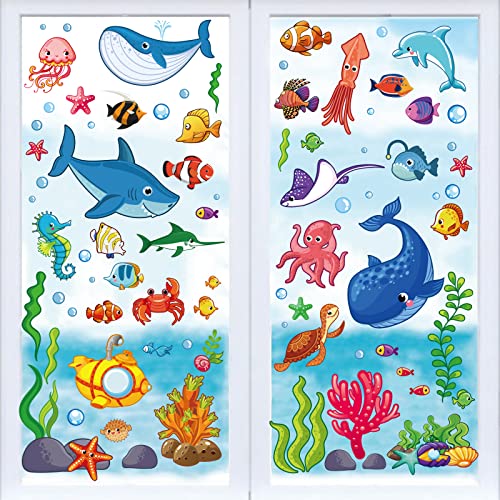 Whaline 9 Blatt Fensteraufkleber mit Ozean-Motiv, Cartoon, Meeresleben unter dem Meer, doppelseitig, Fensteraufkleber für Sommer, Schule, Zuhause, Büro, Badezimmer, Partyzubehör, Geschenke von Whaline