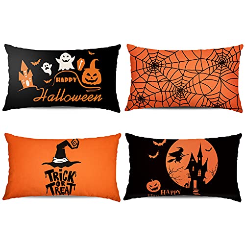 Whaline Halloween-Kissenbezug, rechteckig, orange, schwarz, Trick or Treat, Kissenbezug, 30,5 x 50,8 cm, Halloween-Leinen-Überwurf, Kissenbezug, Dekoration für Zuhause, Büro, Sofa, Bett, 4 Stück von Whaline