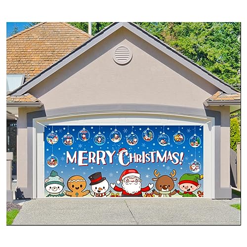 Whaline Merry Christmas Garagentor-Banner Abdeckung Weihnachtsmann Elf Schneemann Lebkuchen Garagentor Abdeckung 1,8 x 4,4 m großes Hofschild für Winter Innen Außen Wand Tür Haus Party Hintergrund von Whaline