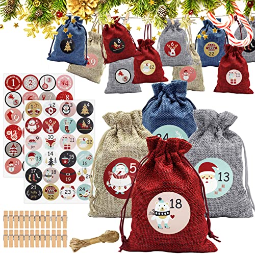 Wieat 24 Adventskalender Zum Befüllen, Weihnachtskalender 2021 Jutesäckchen, Stoff Tüten Selber Basteln Füllung und 48 Aufkleber, Weihnachtsdeko Tüten/Säckchen Für Kinder,Frauen&Männner(4 Modelle) von Wieat