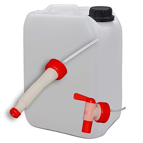 plasteo® 5 Liter Kanister mit Auslaufhahn und flexiblem Ausgießer Wasserkanister lebensmittelecht extrem robust und langlebig UN Zulassung von plasteo