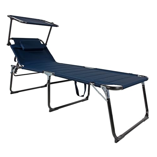 WildStage XXL Aluminium Sonnenliege klappbar Gartenliege Liegestuhl Balkonliege mit Kopfstütze und Sonnendach bis 150 kg Klappliege 5-Fach verstellbar extra hoch 200x70x45 cm Royal blau von WildStage