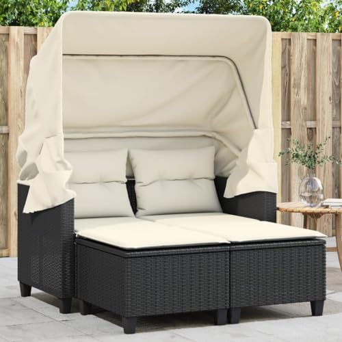 Willood Gartensofa 2-Sitzer mit Dach und Hockern Schwarz und Creme Poly Rattan Das Material ist langlebig, robust, pflegeleicht, leicht und einfach zu reinigen,Abnehmbar und waschbar von Willood