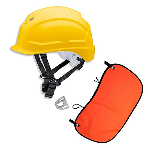 Schutzhelm pheos S-KR EN 397- Vormontierter 4-Punkt Kinnriemen und Vollsichtbrillenclip + Nackenschutz orange mit BG Bau Förderung, Farbe:gelb von Wilpeg