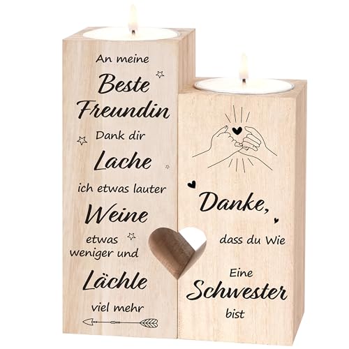 Winter Shore Freundschafts Geschenke Kerzenhalter aus Wooden Candle Holder(2 STK.) - Doppelseitiger Druck Inkl. 4 Teelichtern - Kerzen Geschenk für Freundinnen - BFF Geburtstagsgeschenk für Freundin von Winter Shore