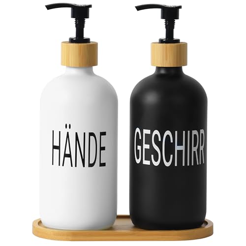 Winter Shore Glas Seifenspender Set in Deutsch [2 STK.] - Schwarz-Weiße Nachfüllbare Dispenser für Handseife und Spülmittel - Pumpspender-Köpfe & Tropfschale aus Bambus - 7,5 x 21.5 cm, 500 ml von Winter Shore