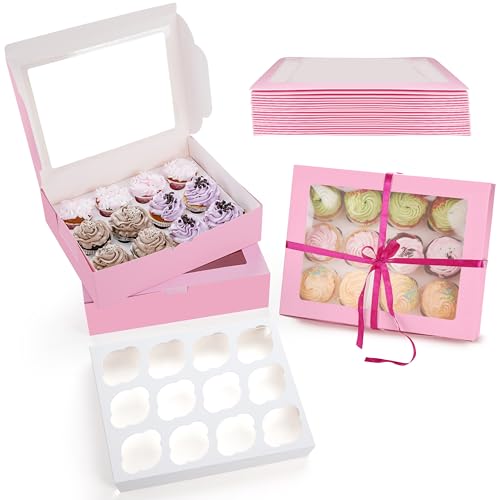 Winter Shore Rosa Cupcake Box [20er-Pack] - 12 Pralinenschachtel Leer mit Durchsichtigem Sichtfenster & Halter - Faltbare Cake Box für Muffins, Mini-Kuchen, Gebäck - für Bäckerei, Geburtstage, Urlaub von Winter Shore