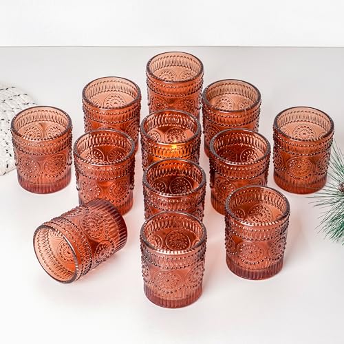 Winter Shore Teelichthalter Glas mit Candles [12 Pack] - Bernsteinfarbene Teelichter Gläser mit Blumenmuster für Tischdekoration, Partys, Tafelaufsätze, Boho-Dekoration - Teelichtgläser Hochzeit von Winter Shore