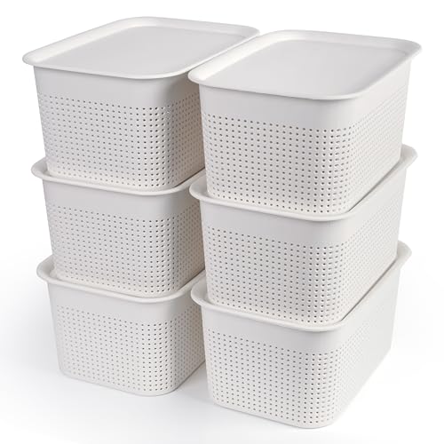 Winter Shore Weiße Korb Aufbewahrung mit Deckel [6er-Pack] - Stapelbare Aufbewahrungsbox mit Deckel Weiß für Schul- & Bürobedarf, Zubehör - Moderner Storage Basket für Schränke, Regale, Badezimmer von Winter Shore