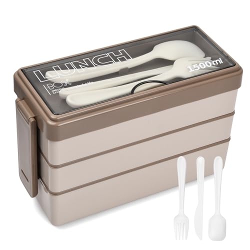Wisebom Bento Box 3-lagige Lunchbox mit Besteck-Set Auslaufsichere Brotdose Bento Box Lunch Box Brotzeitbox Brotbüchse für Arbeit, Büro, Schule(1500ml) (Hellbraun) von Wisebom