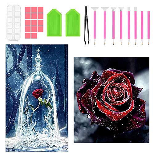 Diamant Painting Bilder Set, 2pcs 5d Diy Diamond Painting Rose Blumen, Rose Schöne und das Biest Diamant Painting, Diamond Painting Anfänger Kinder Set für Arts und Craft Aufkleber Home Decor von Wishstar