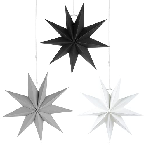 Faltstern Weihnachten, 3 Stück Stern zum Aufhängen, Papier Stern Dekoration Faltsterne Weihnachtsstern Deko, Sterne Papier zum Weihnachtsbaum für Haus Partys Hochzeiten(Schwarz Weiß Grau) von Wishstar