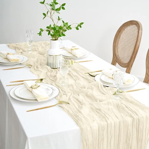 Tischläufer Beige, 90 x 400 cm Gaze-Tischläufer, Lang Romantisch Halbdurchsichtiger Stoff, Tischdecke Beige für Babyparty Tischdekoration, Geburtstagsparty, Hochzeit Tischdekorationen von Wishstar