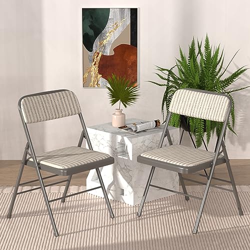 Wohenster 2er Set Klappstuhl Gepolstert, Beige-Grau Gestreifter Klappstühle Mit Metallgestell, Klappsessel aus Stoff, Campingstuhl Klappstuhl Balkon Garten Stühle Folding Chair Bürostuhl für Gäste von Wohenster