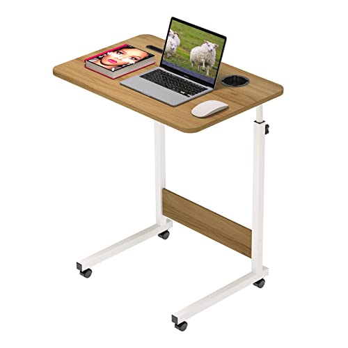 Wohenster Laptoptisch Höhenverstellbar Schreibtisch Holz mit Drehbarer Rollen, Notebook-Ständer und Getränkehalter, Beistelltisch Mobiler, 60x40cm Tisch für Bett, Sofa, Schlafzimmer, Wohnzimmer, Braun von Wohenster