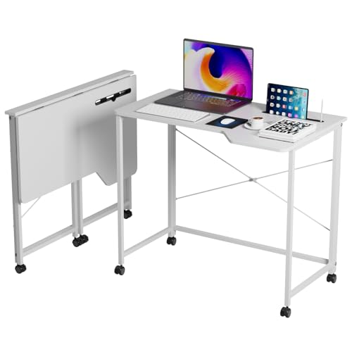 Wohenster Schreibtisch Faltbar mit Rollen Tisch Faltbar Computertisch Portable Schreibtische Klappbar mit Rollen,platzsparend, Klapptisch, PC Tisch Weiß 90x56x75cm von Wohenster