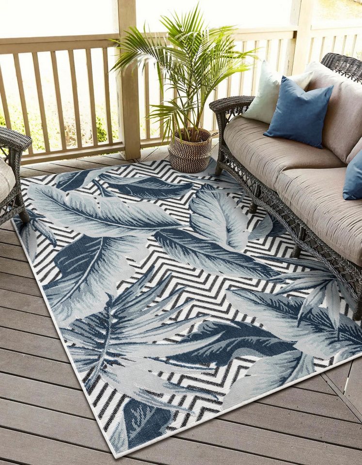 Teppich MY-RUG Outdoor-Teppich Azure" 150x80 cm, blau, Wohnando, rechteckig, Höhe: 8 mm, mit floralem Hoch-Tief-Design, für gemütliche Stunden draußen" von Wohnando