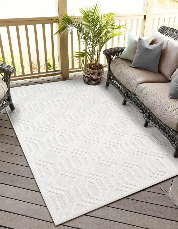 Teppich MY-RUG Outdoor-Teppich Elaria" 150x80 cm, weiß, Wohnando, rechteckig, Höhe: 8 mm, mit schlichtem Hoch-Tief-Design" von Wohnando