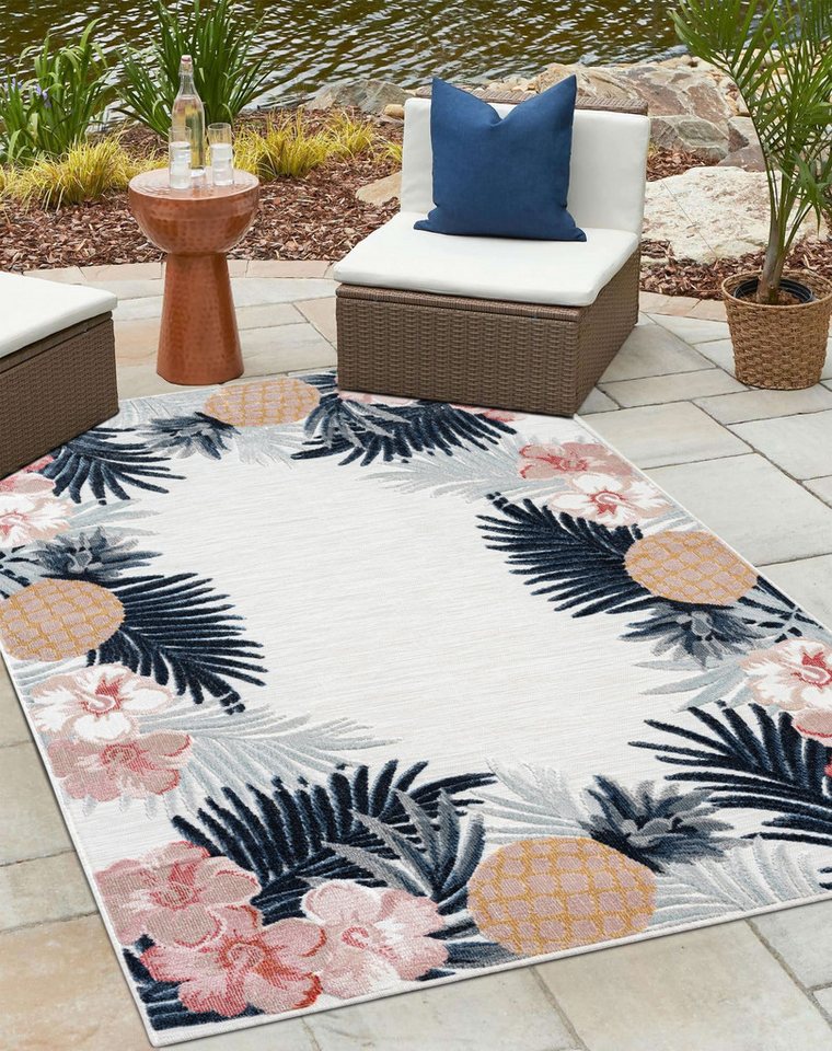 Teppich MY-RUG Outdoor-Teppich Heather" 150x80 cm, weiß, Wohnando, rechteckig, Höhe: 8 mm, mit floralem Hoch-Tief-Design, sommerlich erfrischendes Ananas-Design" von Wohnando