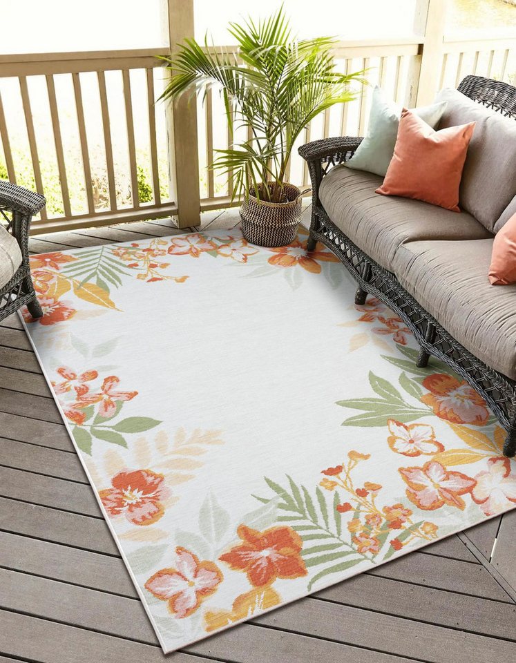 Teppich MY-RUG Wendbarer Outdoor-Teppich Leela" 160x100 cm, weiß, orange, Wohnando, rechteckig, Höhe: 6 mm, florales Design, wendbar, für drinnen und draußen" von Wohnando