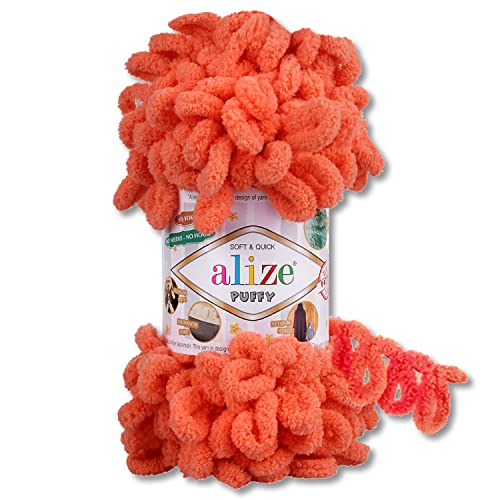 Alize 100 g Puffy Wolle in 62 Auswahl Schlaufenwolle Stricken und Häkeln ohne Hilfsmittel (619 | Koralle) von Wohnkult