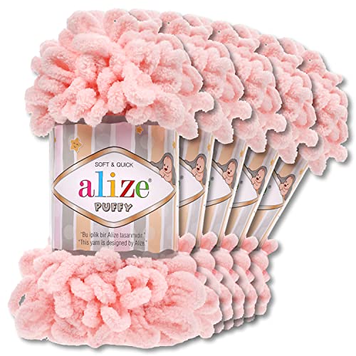 Alize 5 x 100 g Puffy Wolle Chenille Schlaufenwolle Häkeln und Stricken ohne Hilfsmittel Kleidung Accesoire Decken Teppiche (340 | Hellrosa) von Wohnkult