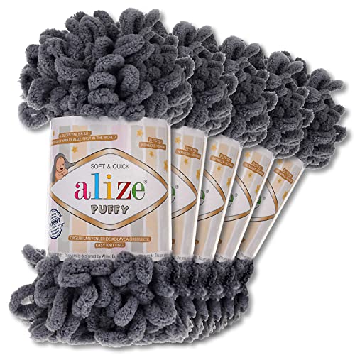 Alize 5 x 100 g Puffy Wolle Chenille Schlaufenwolle Häkeln und Stricken ohne Hilfsmittel Kleidung Accesoire Decken Teppiche (87 | Dunkelgrau) von Wohnkult
