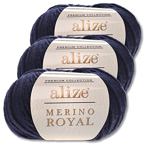 Wohnkult Alize 3x50 g Merino Royal 100% Merinowolle 9 Farben zur Auswahl Superwash Wolle Warmer (58 | Dunkelblau) von Wohnkult