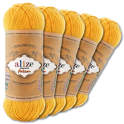 Wohnkult Alize 5 x 100 g Superwash Artisan Sockenwolle Premium 16 Auswahl Kontrast Häkeln Stricken (281 | Gelb) von Wohnkult
