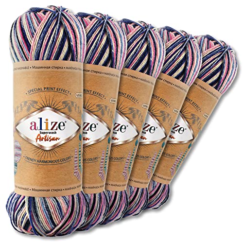 Wohnkult Alize 5 x 100 g Superwash Artisan Sockenwolle Premium 16 Auswahl Kontrast Häkeln Stricken (9004) von Wohnkult