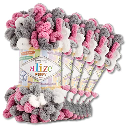 Wohnkult Alize 5x100 g Puffy Color Premium Wolle 26 Farbkombinationen Chenille Handarbeit Stricken und Häkeln ohne Hilfsmittel Smart Yarn (6070) von Wohnkult