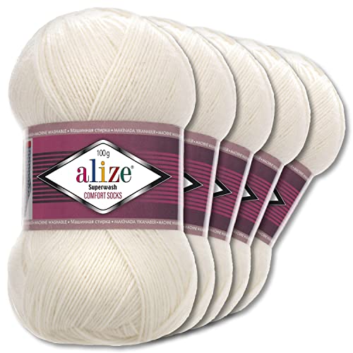 Wohnkult Alize 5x100g Superwash Comfort Sockenwolle 33 Farben zur Auswahl EIN-/Mehrfarbig (01 | Creme) von Wohnkult