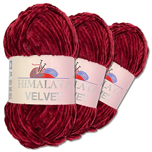 Wohnkult Himalaya 3 x 100 g Velvet Dolphin Wolle 40 Farben zur Auswahl Chenille Strickgarn Flauschwolle Glanz Accessoire Kleidung Decken (90022 | Kirschrot) von Wohnkult