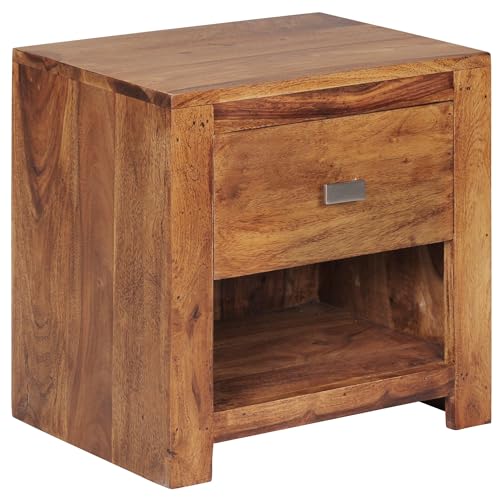 Wohnling Nachttisch Mumbai aus Sheesham Massiv-Holz 40 x 40 x 30 cm, Nacht-Kommode braun mit 1 Schublade und 1 Ablagefach, Nachtschrank Landhaus-Stil Echt-Holz von Wohnling