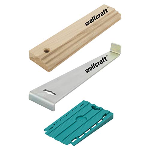 wolfcraft I Geling-Set zum Laminat- und Designboden verlegen I 6975000 I bestehend aus Zugeisen, Schlagholz und 30 Universalkeilen I fugenfreies Ausrichten von Parkett- und Laminatdielen von wolfcraft